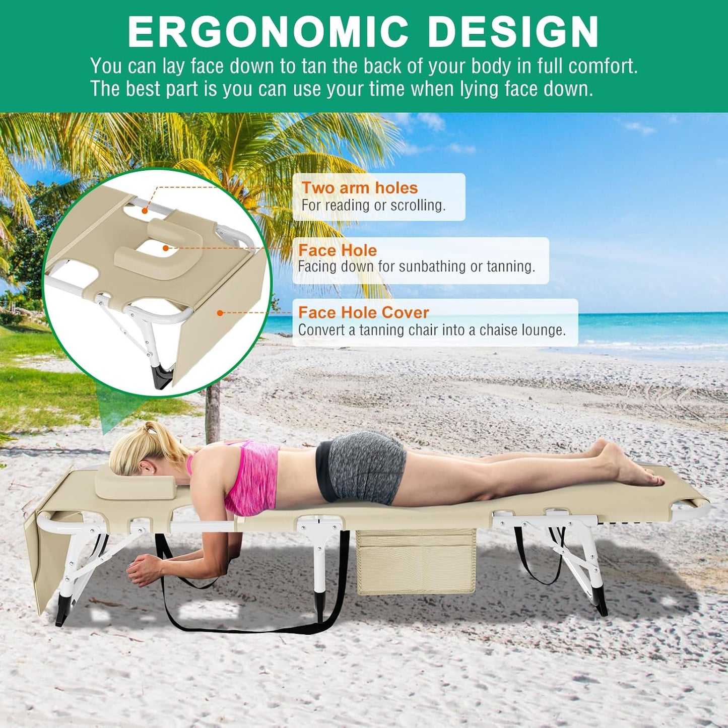 LILYPELLE Tanning Chair with Face Hole, Heavy Duty Outside Lounge Chair with Mattress, Folding Outdoor Face Down Tanning Chair Arm Hole for Beach Poolside Patio Sunbathing Lawn Camping