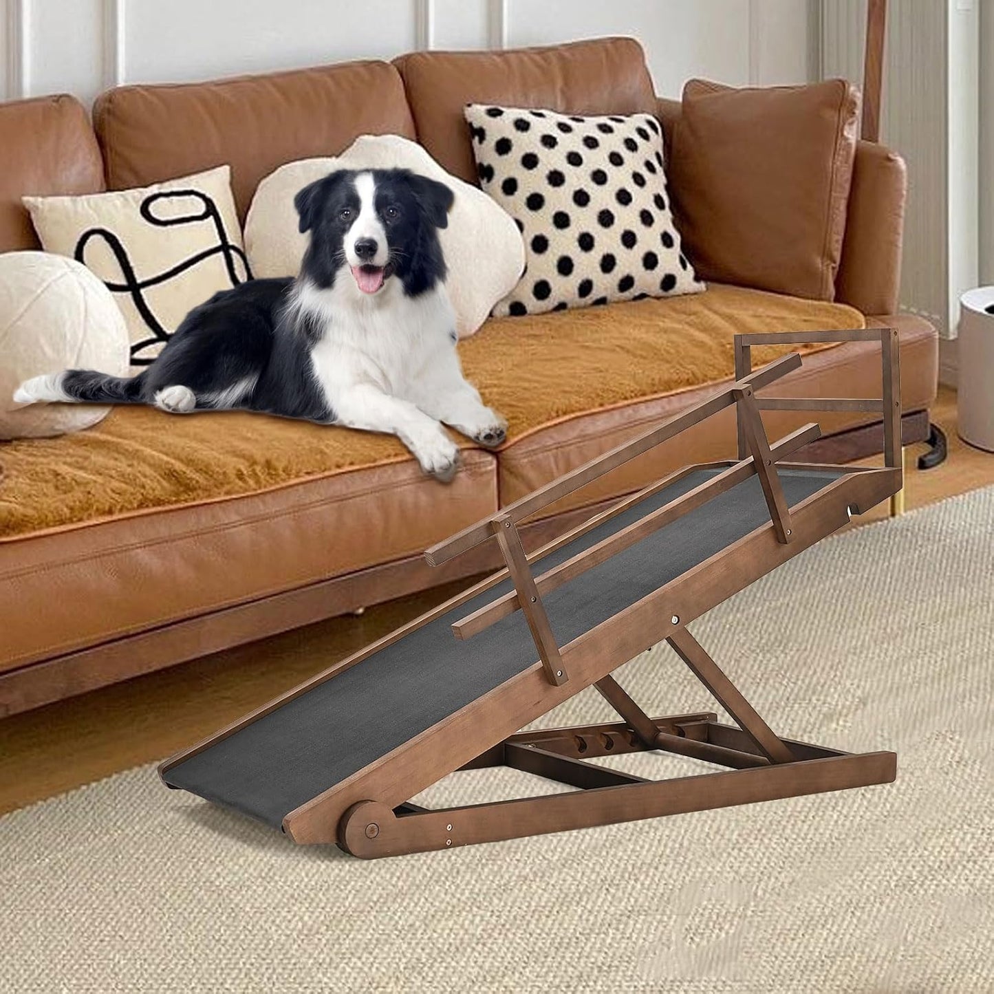 Dog Ramp for Bed, Adjustable Pet Ramps for Dog to Get on Bed, Non-Slip Rubber Surface - Folding Wooden Dog Ramp for Small/Large/Old Dogs