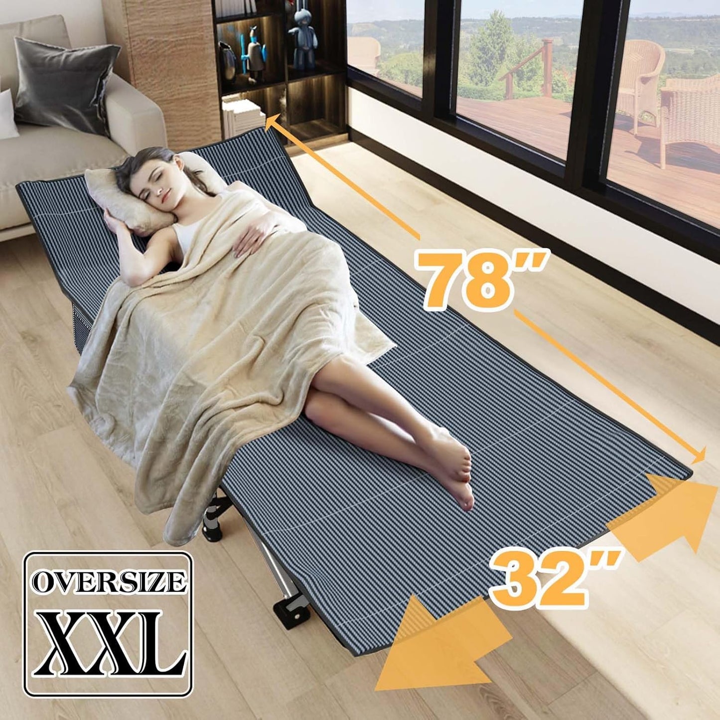 LILYPELLE Folding Camping Cot, Heavy Duty Sleeping Cots with Carry Bag, Double Layer Oxford Portable Travel Camp Cots for Home, Office Nap and Outdoor Beach