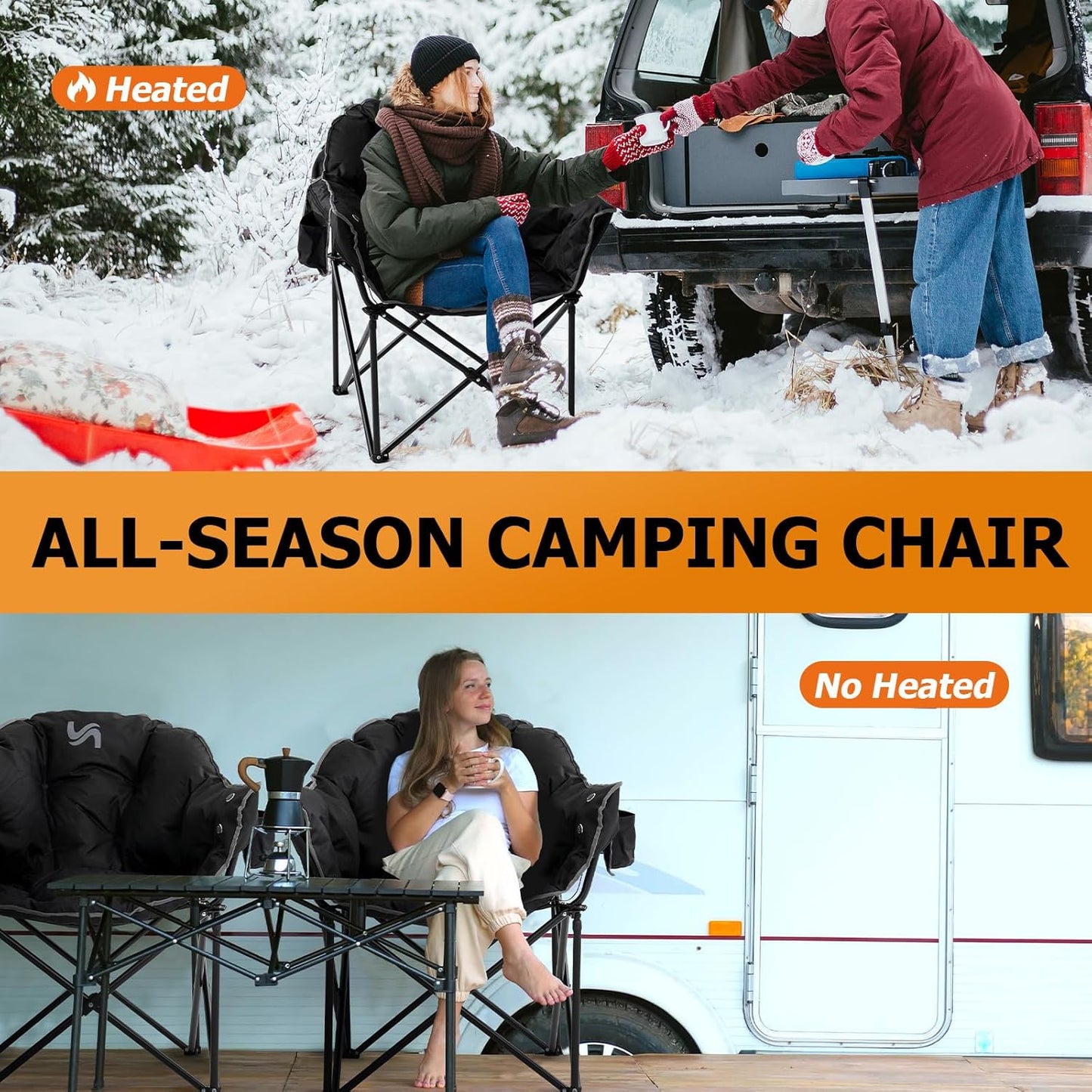 LILYPELLE Oversized Heated Camping Chair, Patio Lounge Chairs with 3 Heat Levels, Portable Folding Heated Chair Round Moon Saucer Folding Lawn Chair Outdoor Chair for Camping, Lounge Patio