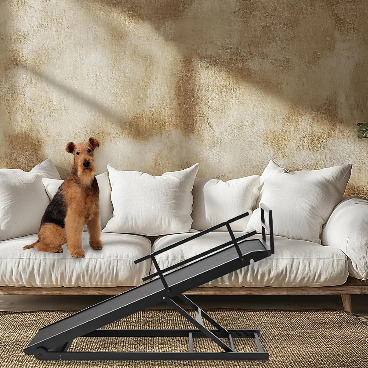 Dog Ramp for Bed, 5 Level Adjustable Dog Ramp for High Beds, Upgrade Rubber Mat High Traction Ramp with Safety Rails, Folding Pet Ramp for Bed, Couch,SUV, Natural Wood Pet Ramp for Small & Old Dogs