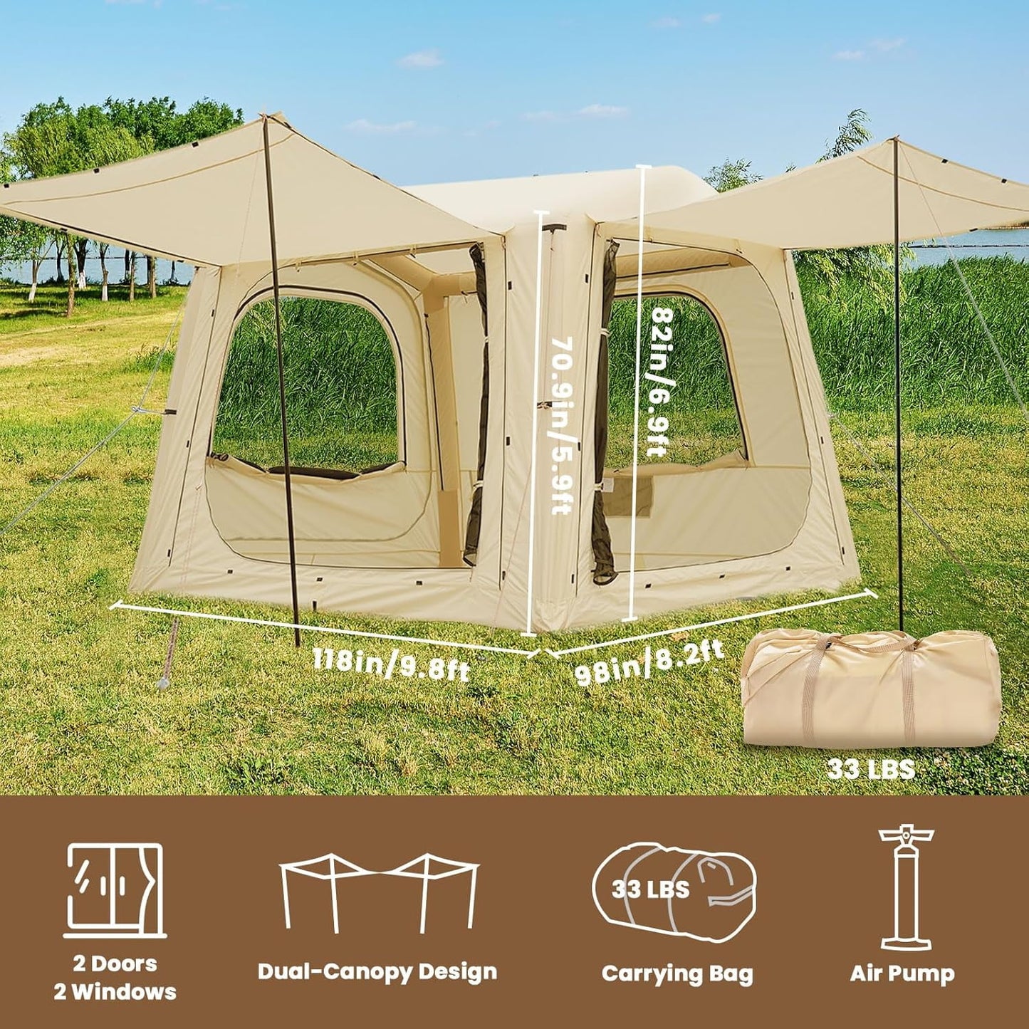 Lilypelle 4-6 Person Blow Up Inflatable Tent, 2-in-1 SUV Tailgate Hot Tent with Stove Jack, Easy Setup Camping Tent with Hand Pump, Waterproof Inflatable House for Outdoor