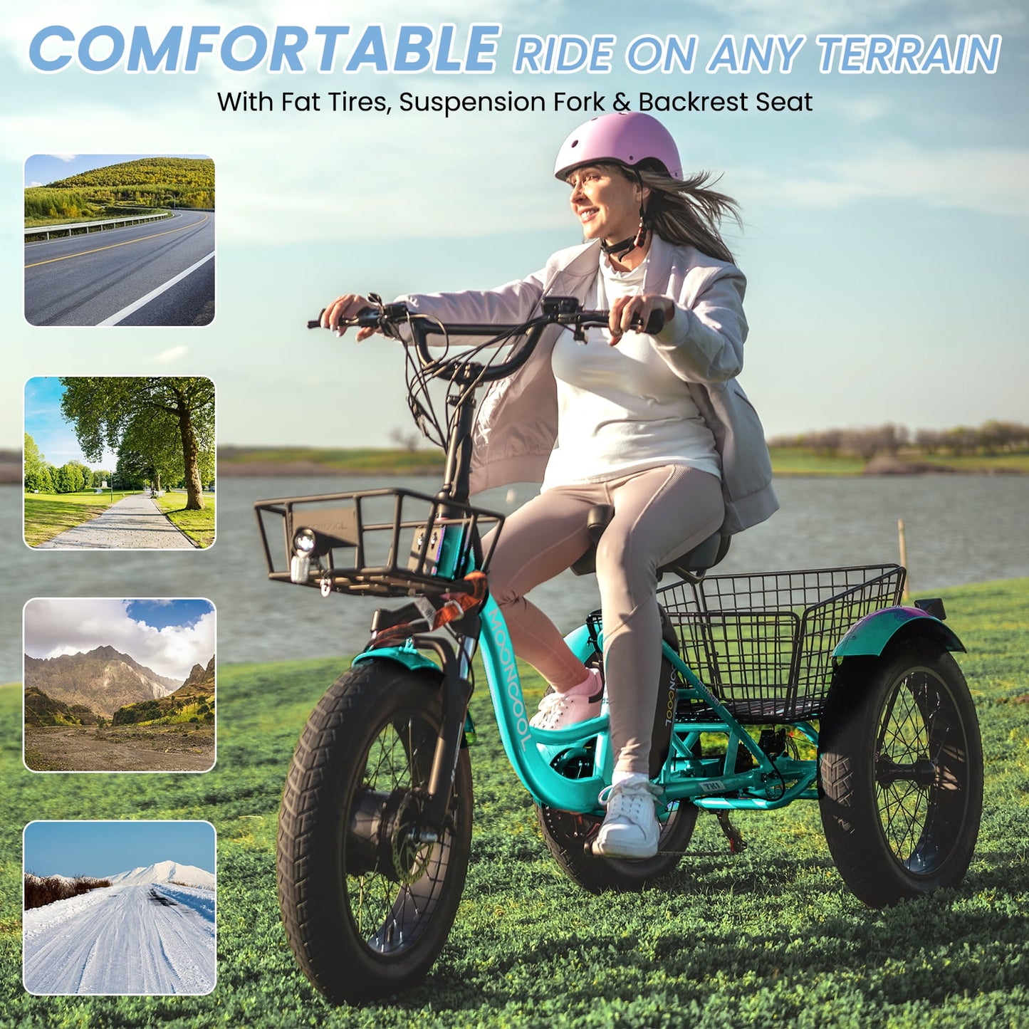 MOONCOOL Electric Tricycle for Adults, 20" x 4" Fat Tire Electric Trike, 48V 500W Motorized Electric Bicycle, 3 Wheels 7 Speed Ebike with Removable Battery, Aluminum Frame & Large Basket, UL2849