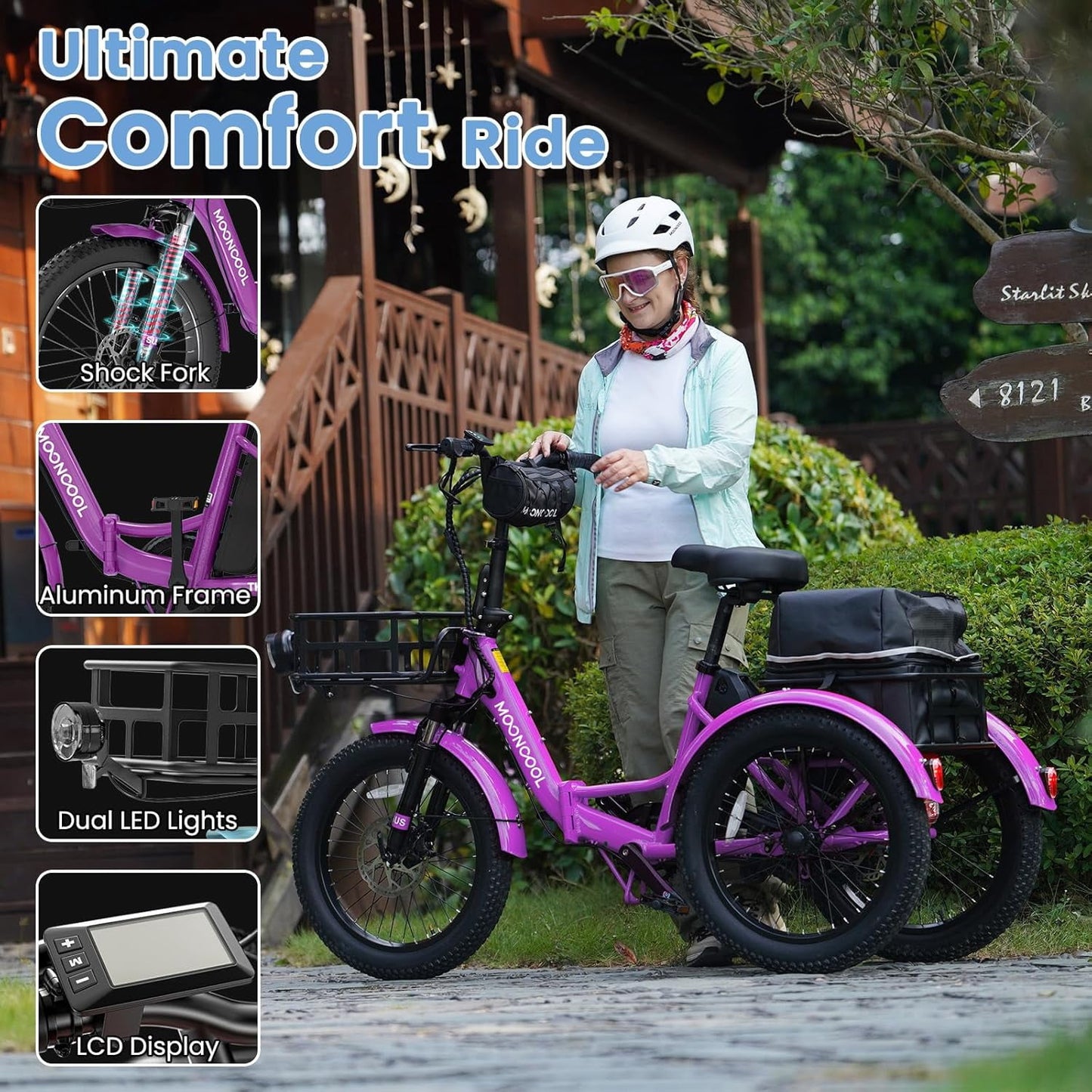 MOONCOOL TK1 Folding Electric Tricycle for Adults,48V 14.5Ah Removable battery, 1000W Motor, 20" Fat Tire Step-Thru 3 Wheel Electric Bicycle W/ Rearview Mirror Accessory Kit, UL2849