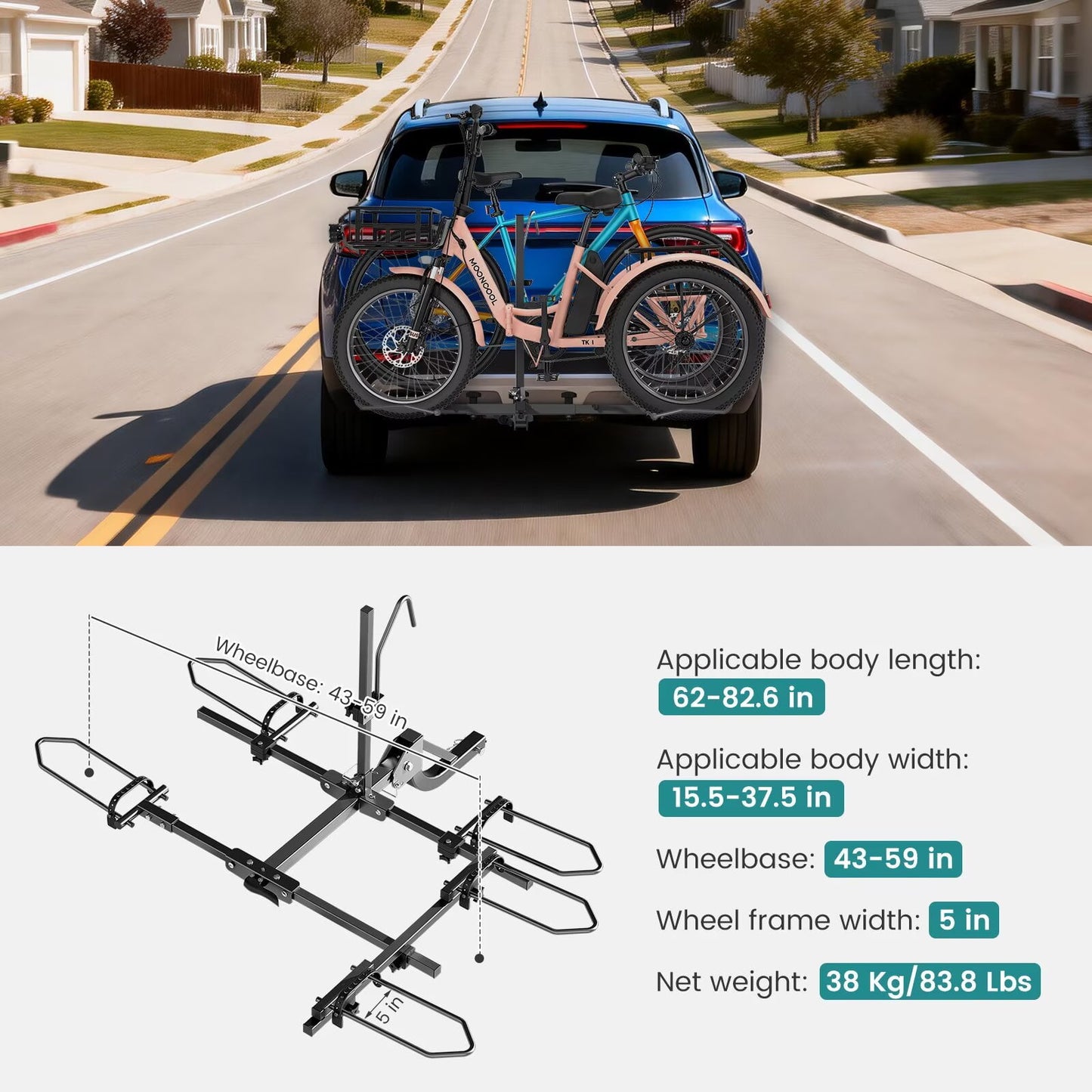 MOONCOOL Trike Hitch Rack for SUV Truck Van RV, Fit 2" Receiver, Foldable Bike Carrier, 170/270 lbs Heavy-Duty Platform Carrier,Black-Upgraded