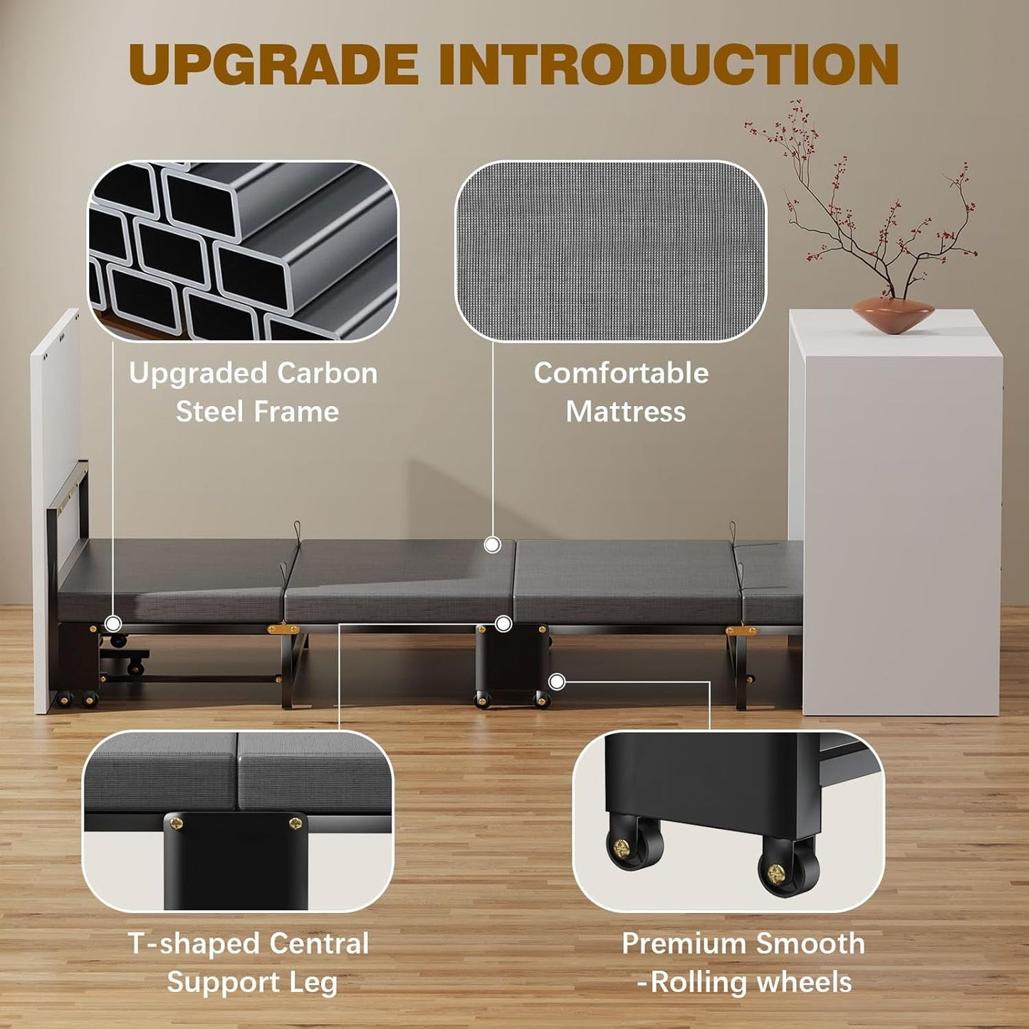 Lilypelle Murphy Bed Cabinet, Folding Bed Roll Away Beds with Mattresses for Adult, Pull Out Murphy Chest Bed Daybed w/ Trundle Guest Bed for Apartment Study Room Office Nap Bed (Cot Size: 75" x 29")