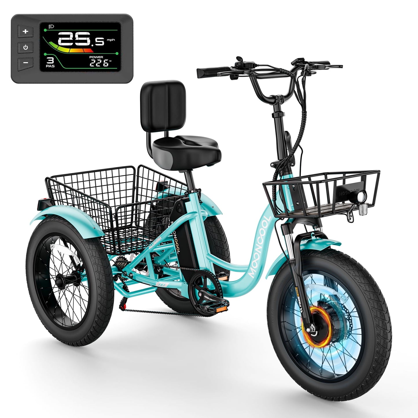 MOONCOOL Electric Tricycle for Adults, 20" x 4" Fat Tire Electric Trike, 48V 500W Motorized Electric Bicycle, 3 Wheels 7 Speed Ebike with Removable Battery, Aluminum Frame & Large Basket, UL2849