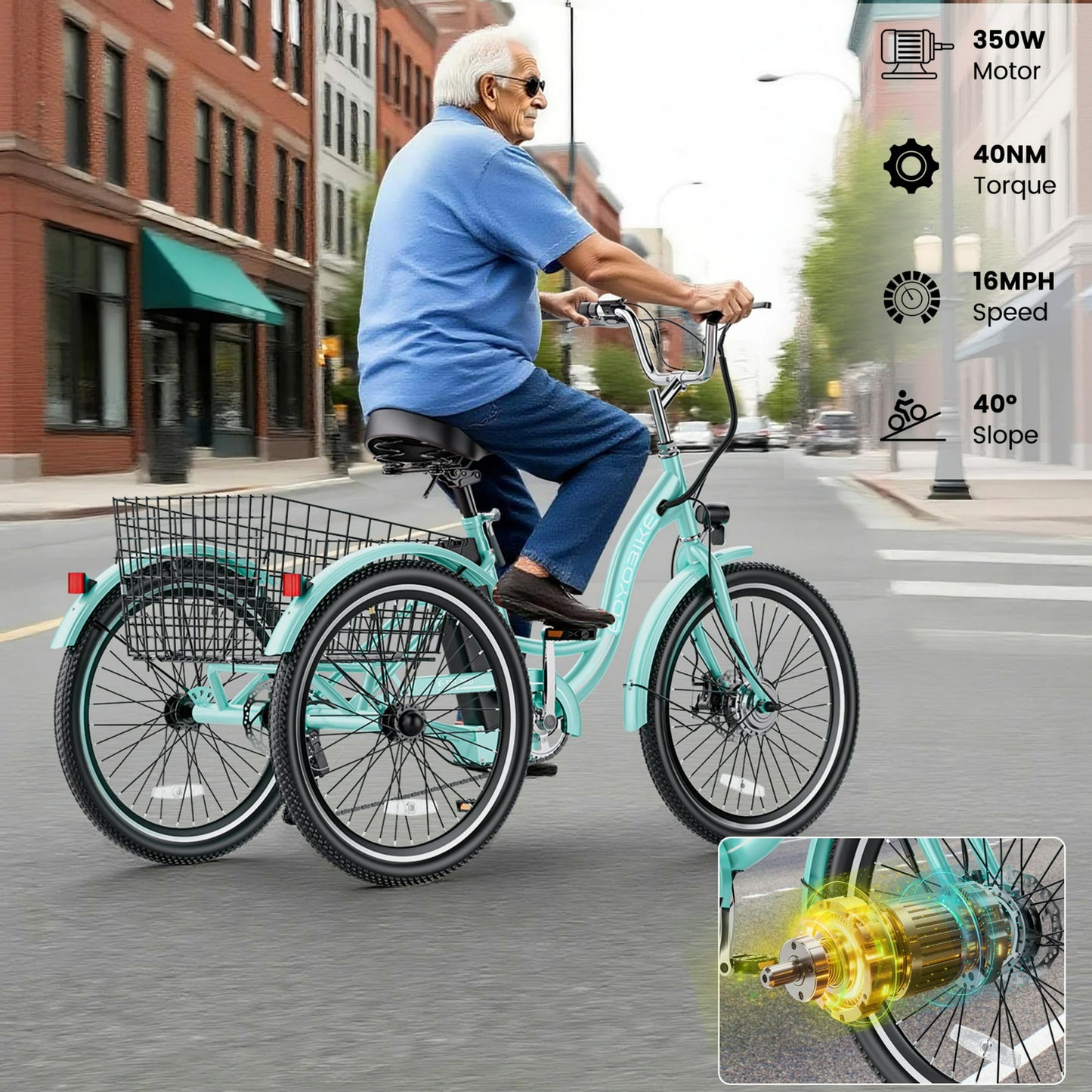 MOONCOOL MC350 Electric Tricycle for Adults, 350W Motorized Electric trike with 36V 10.4Ah Removable lithium battery,24"/26" 7 Speeds 3 Wheels Electric Bikes