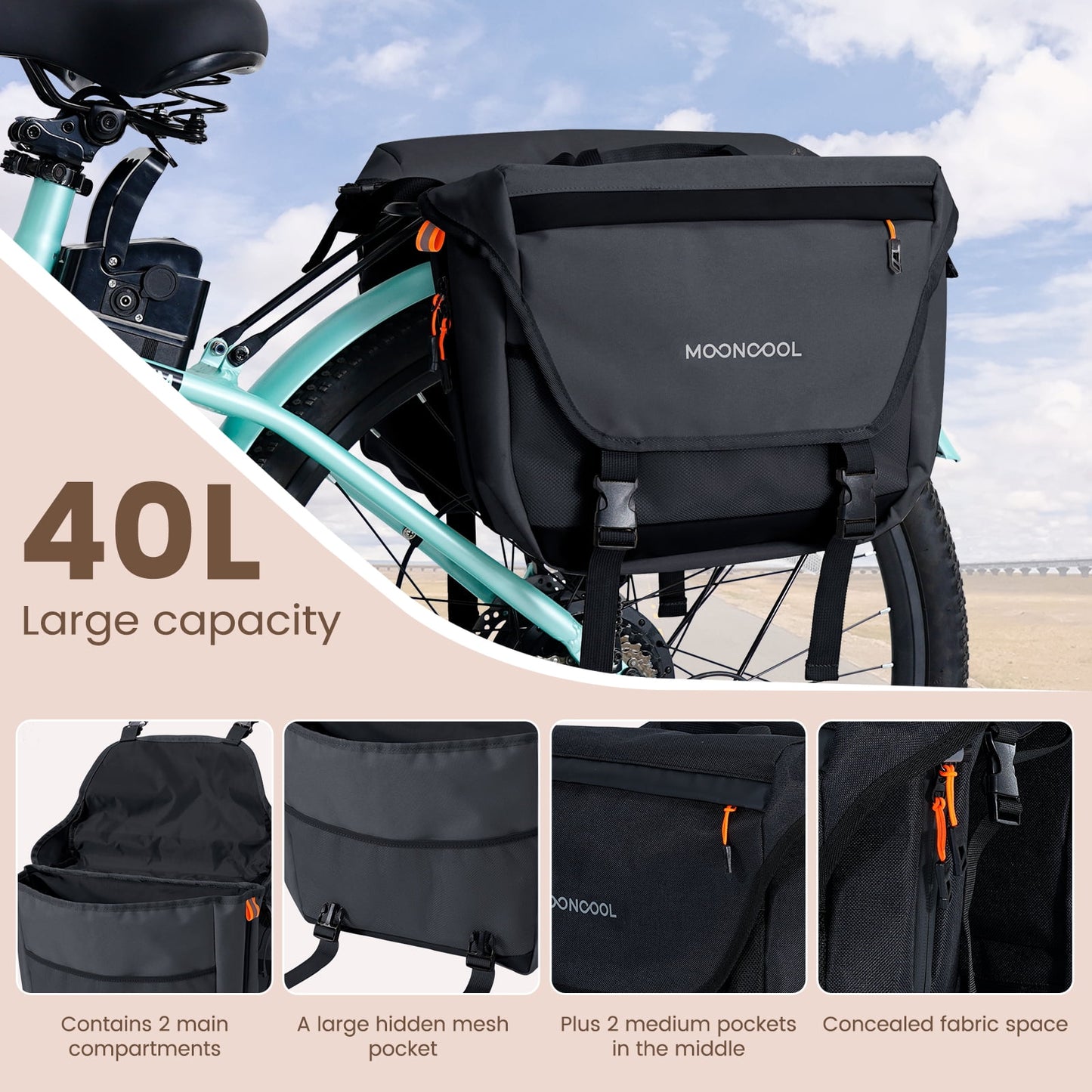 Lilypelle 11Gal 900D Waterproof Cycling Bicycle Saddle Bag ,Bike Storage Pouch,Rear Rack Seat Trunk，Black/Beige