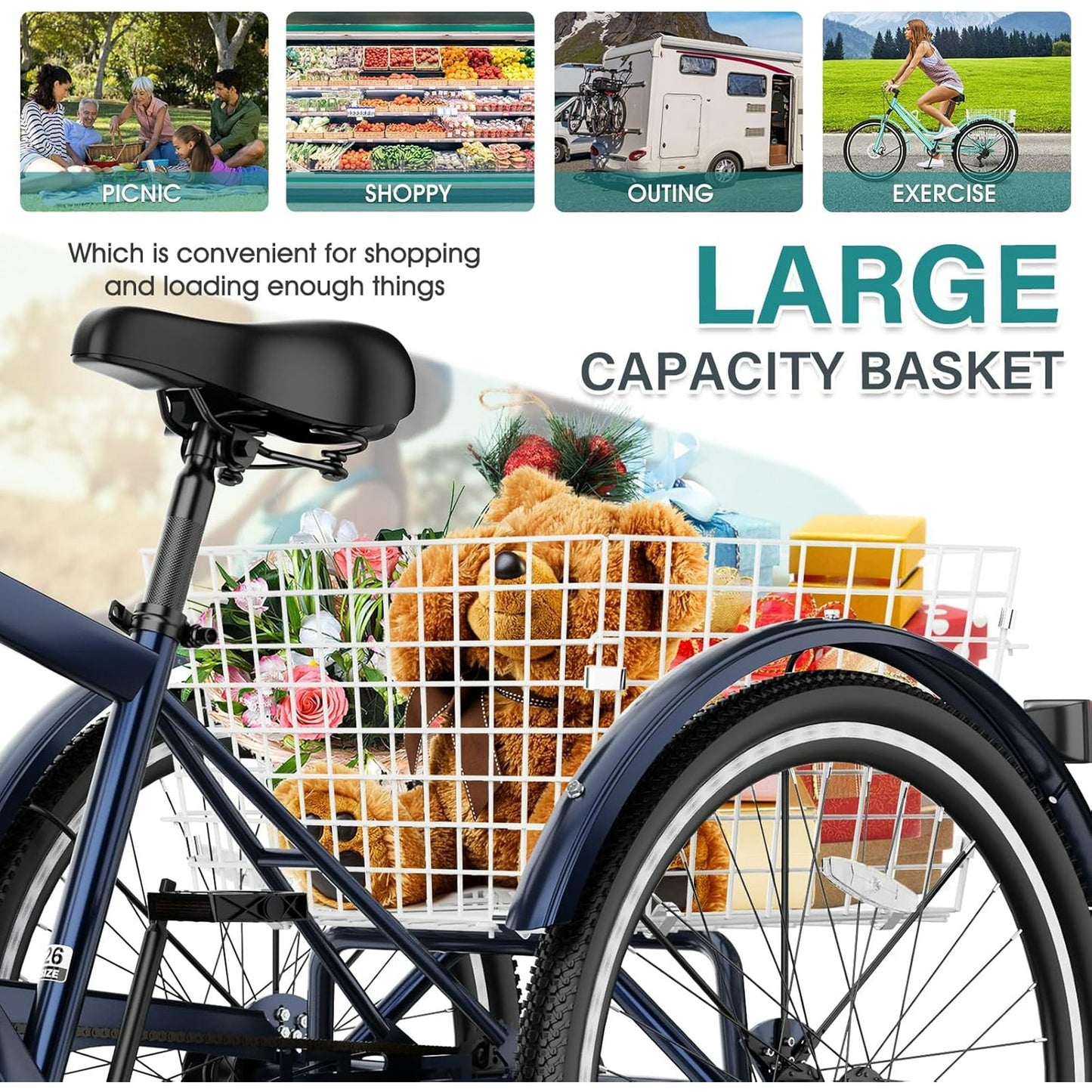 Lilypelle Mountain Tricycle for Adults, MTB 7 Speed Three Wheel Bike, 24/26/27.5 Inch Adults Trikes w/ Disc Brake & Cargo Basket for Women, Men, Seniors