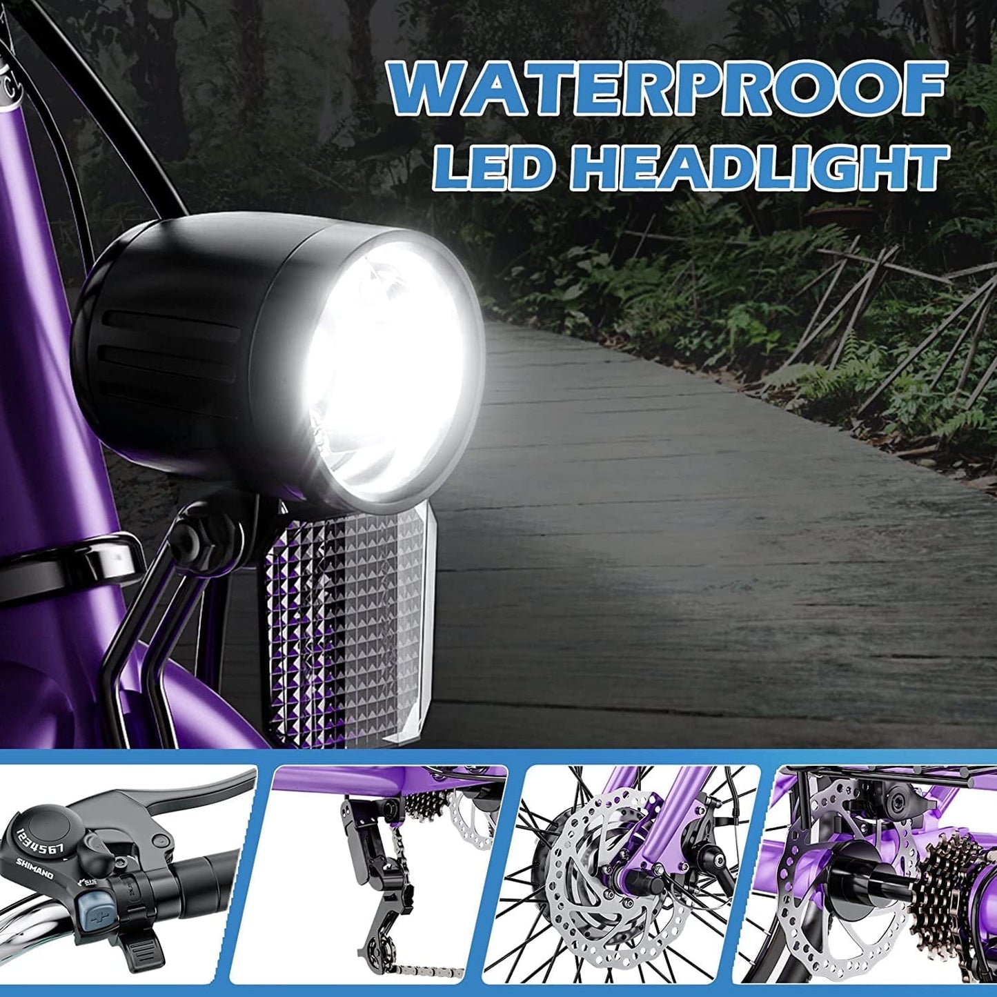Lilypelle 24" 26" 3 Wheel Electric Tricycle for Adults, 350W 36V 7 Speeds Motorized Electric Trike Three Wheel Electric Bikes Bicycle with Large Basket for Women Men,Purple