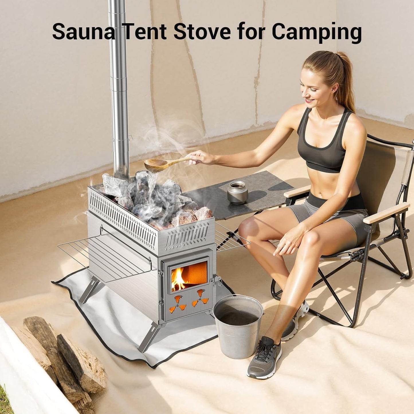 Lilypelle Portable Wood Burning Sauna Hot Tent Stove, 2 in 1 Tent Wood Burning Stove with Chimney Pipe for Outdoor Camping Heating
