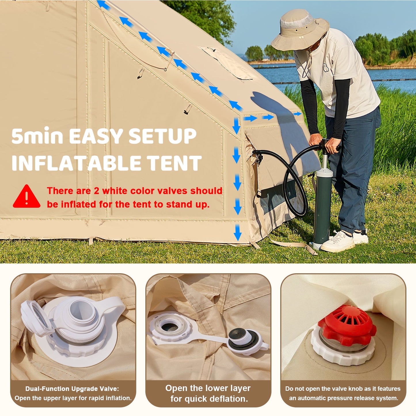 Lilypelle Inflatable Tents for Camping, 4-6 Person Blow Up Tent with Hand Pump, Waterproof Oxford Air Tent with Mesh & Chimney Window, Glamping Hot Tent with Stove Jack
