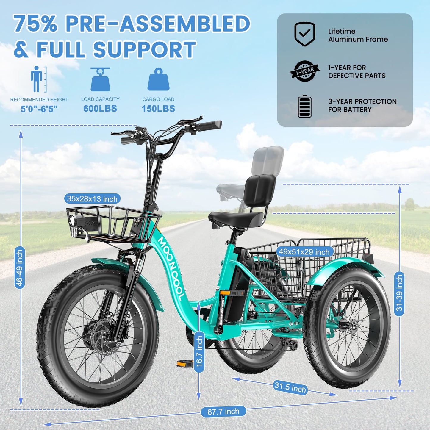 MOONCOOL Electric Tricycle for Adults, 20" x 4" Fat Tire Electric Trike, 48V 500W Motorized Electric Bicycle, 3 Wheels 7 Speed Ebike with Removable Battery, Aluminum Frame & Large Basket, UL2849