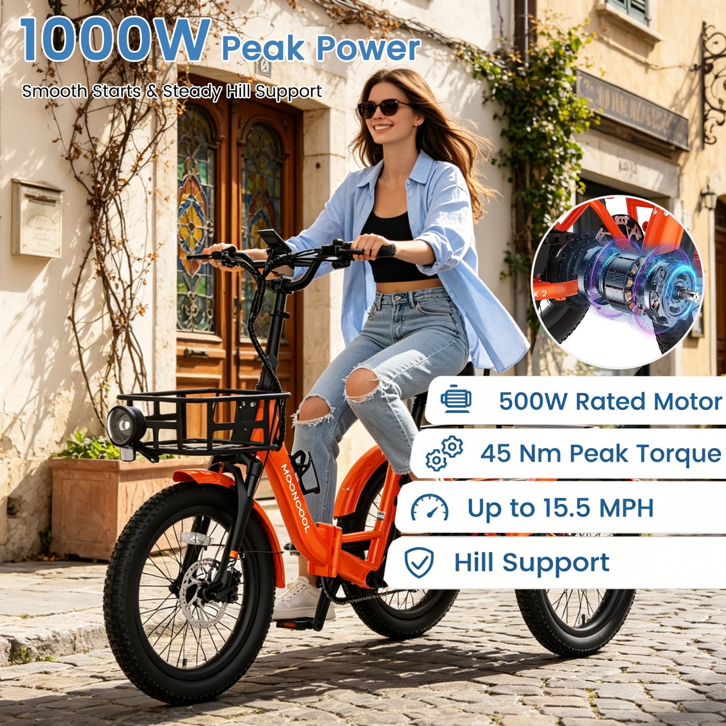 MOONCOOL TK2 Adult Electric Tricycle with Reverse, 48V 15Ah Removable Battery, Peak 1000W Motor, 20x3.0" Fat Tire, 60-Mile Range, 15.5 MPH