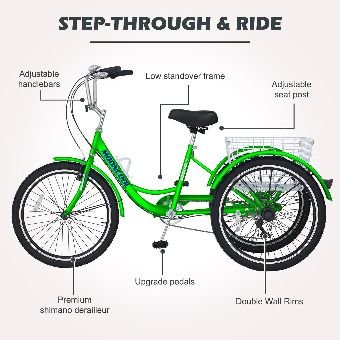 Lilypelle Adult Tricycle 24" Wheels Low Stepover Frame Bike, 7-Speed Shimano Derailleur Trike, 3 Wheels Bike with Basket