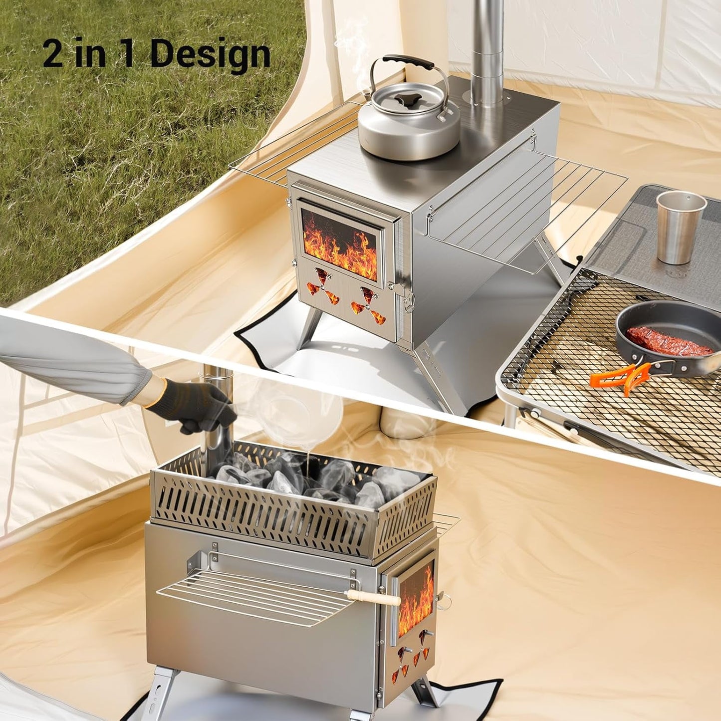 Lilypelle Portable Wood Burning Sauna Hot Tent Stove, 2 in 1 Tent Wood Burning Stove with Chimney Pipe for Outdoor Camping Heating