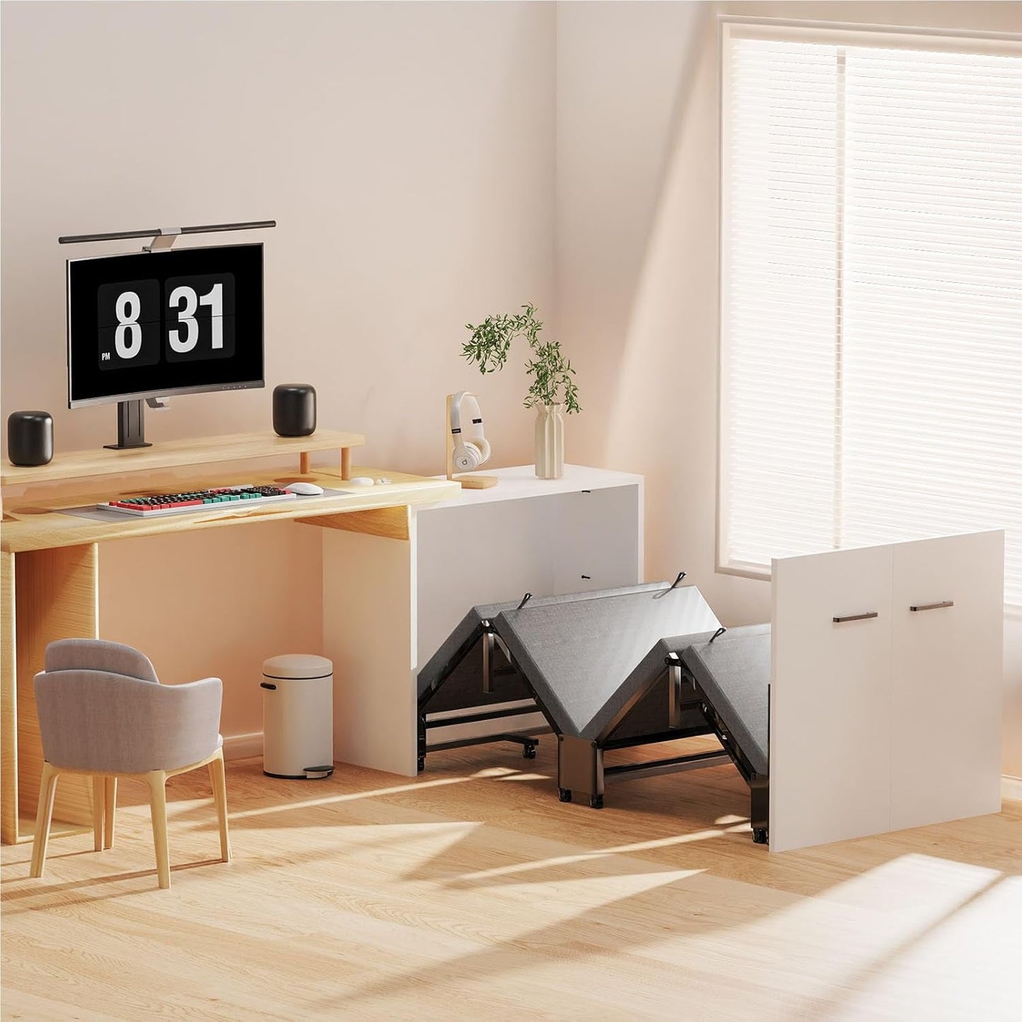 Lilypelle Murphy Bed Cabinet, Folding Bed Roll Away Beds with Mattresses for Adult, Pull Out Murphy Chest Bed Daybed w/ Trundle Guest Bed for Apartment Study Room Office Nap Bed (Cot Size: 75" x 29")