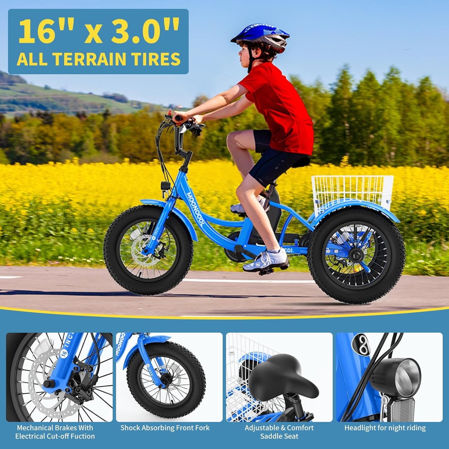Lilypelle Electric tricycle for Kids , 6/9/12Mph three wheel electric bike w/ 250W motor，24V 10.4Ah Battery, Headlights & Horn, Large Rear Basket ,2 sets of DIY stickers,16"x3" Wheel,30Miles