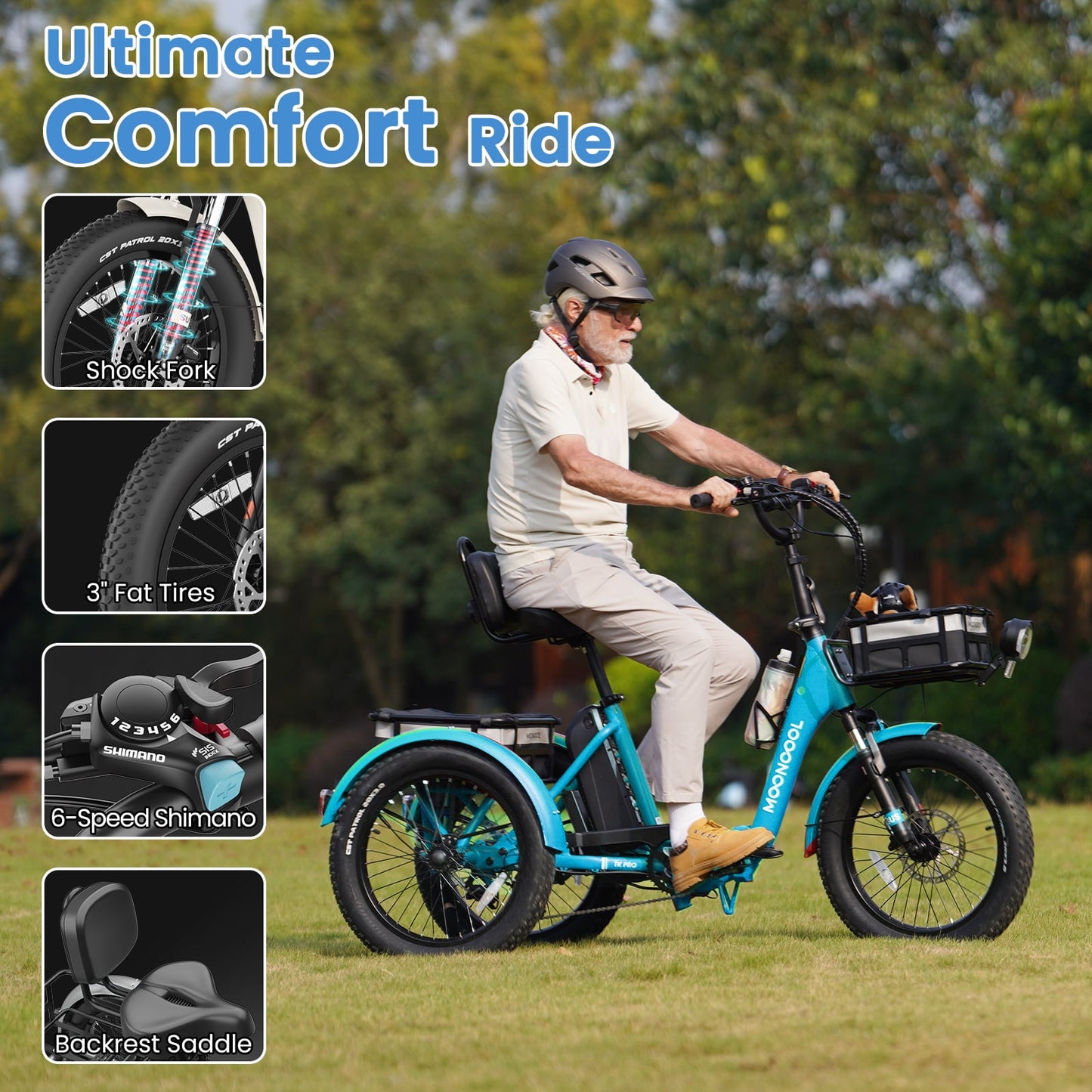 MOONCOOL TK Pro Electric Tricycle for Adults, 750W（Peak 1500W) Motor 48V 20Ah Battery, 20in Fat Tire Three Wheel Electric Bicycle , Foldable Electric Mountain Trike with Front & Rear Basket, UL2849