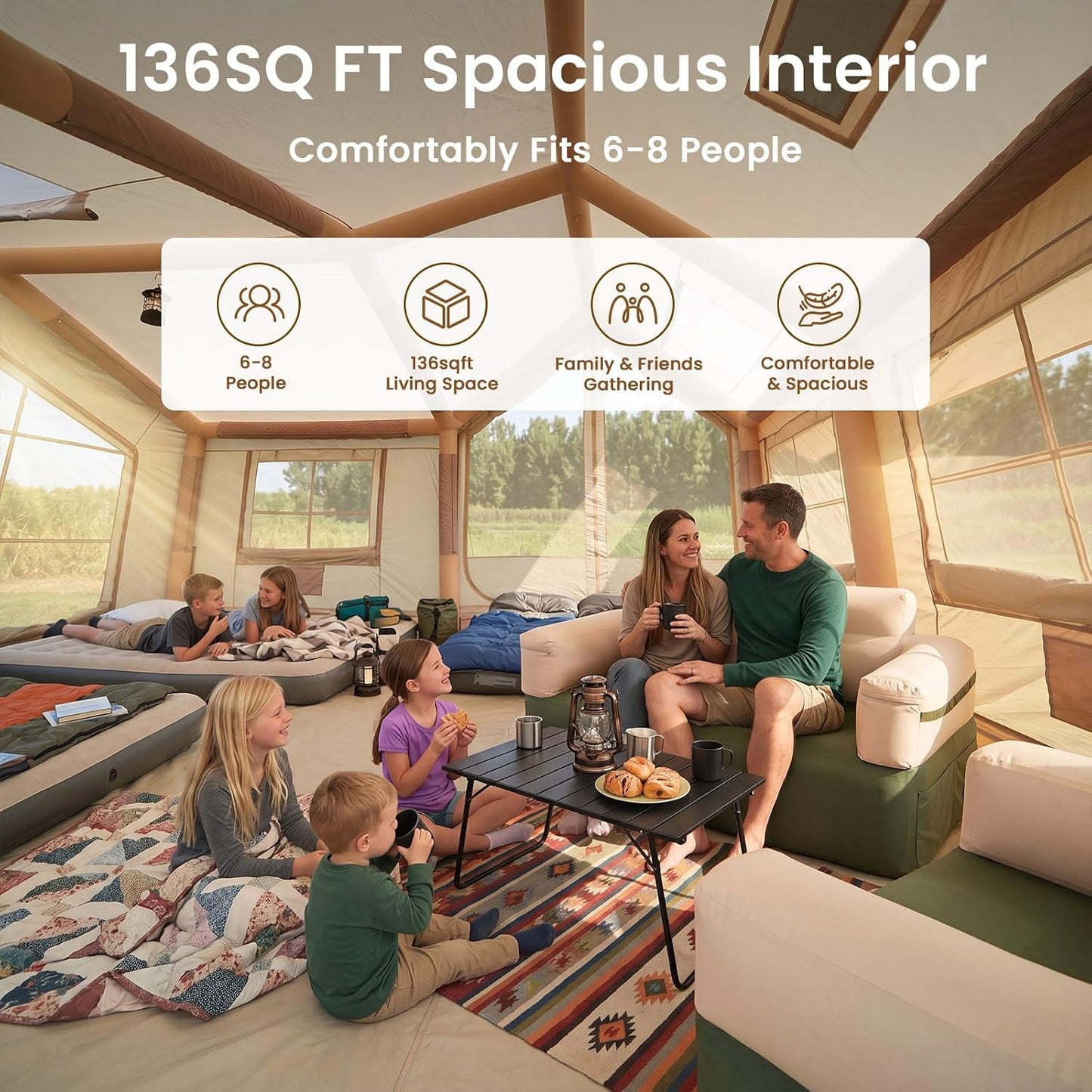 Lilypelle 6-8 Person Blow Up Inflatable Villa Tent, 2 Room Hot Tent with Stove Jack & AC Port, Large Camping Tent with Hand Pump, Waterproof Air House for Family Glamping,13.78x9.84ft