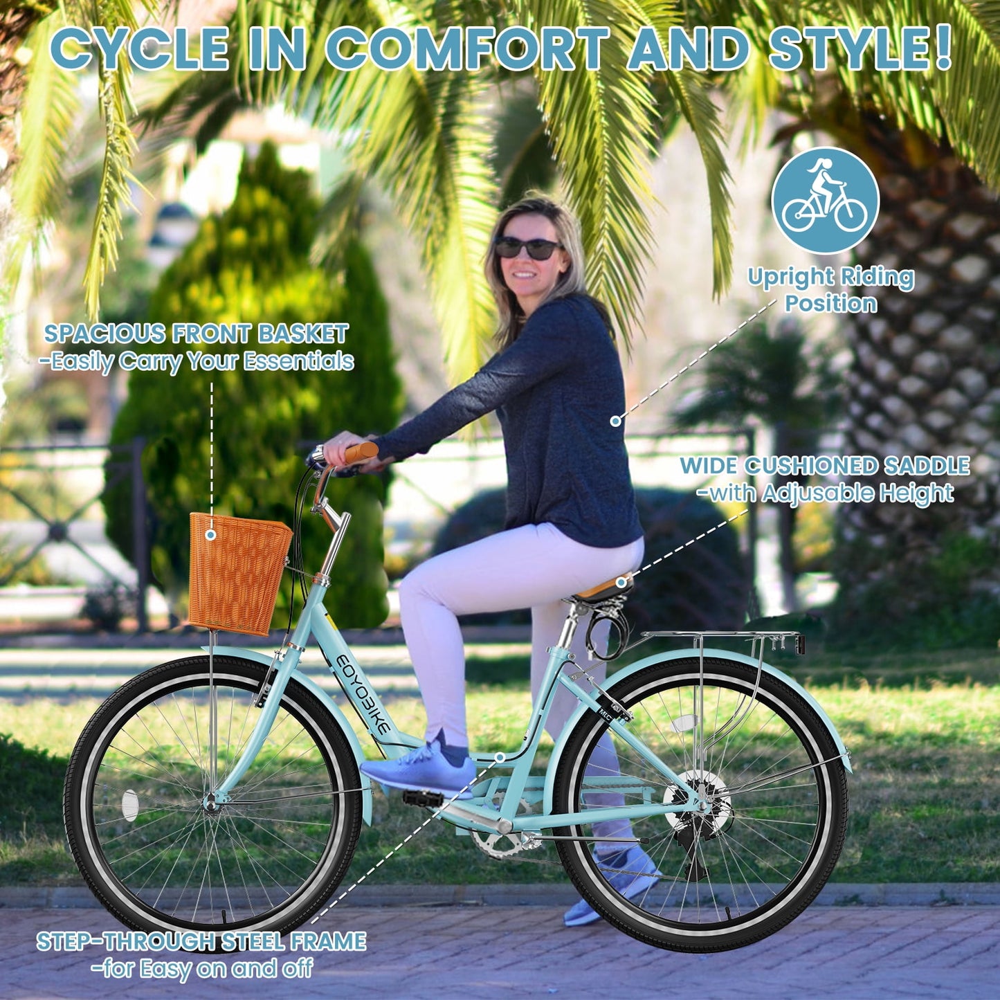 Lilypelle Womens Bike, 7 Speed Bike for Adults Women 24 26 inch with Ratten Basket & Rack, Beach Cruiser Bike for Women, Womens Bicycle for Commuting, Step Through City Bikes for Women Adults Ladies