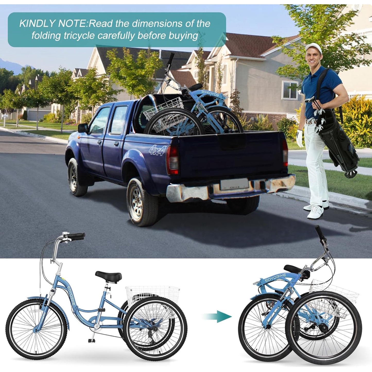 Lilypelle Adult Folding Tricycle with Low Step Through,20/24/26 inch 3 Wheel 7-Speed Foldable Cruiser Bike Trike with Cargo Basket for Women, Men, Seniors