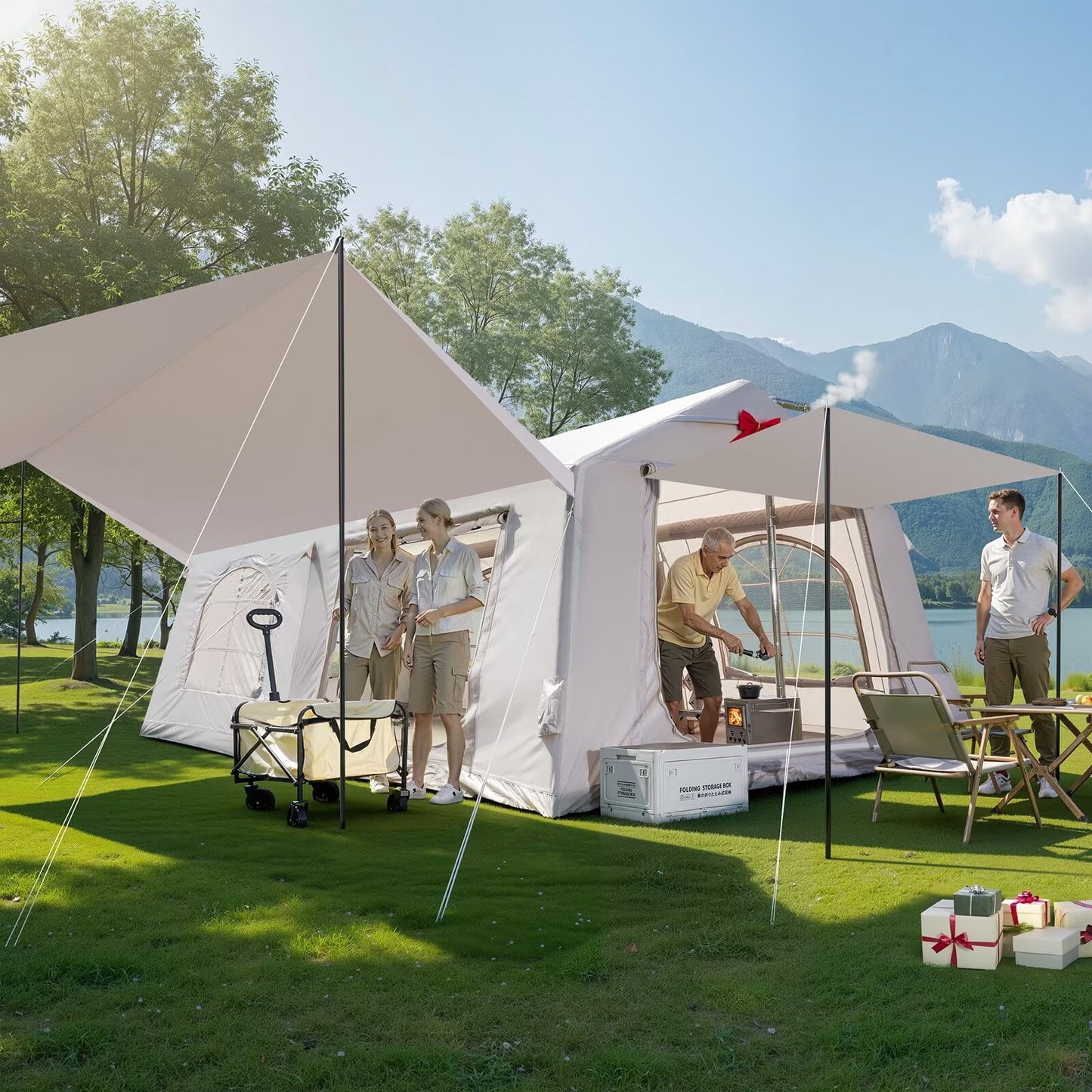 Lilypelle 10 Person Blow Up Camping Inflatable Tent w/ Canopy & Stove Jack & AC Port,2 Room Tent + Canopy - 13ft X 9ft X 6.5ft Waterproof Oxford 2 Room Air Tent,Easy Setup Glamping Inflatable House