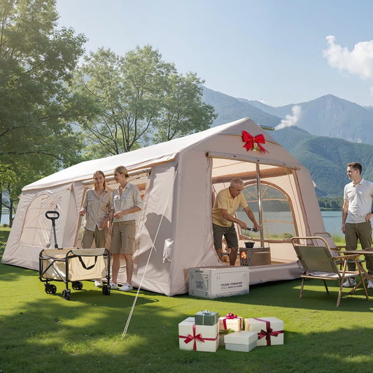 Lilypelle 10 Person Blow Up Camping Inflatable Tent w/ Stove Jack & AC Port,13.8′x 10.5 x 6.9′Waterproof Oxford 2 Room Air Tent,Easy Setup Glamping Inflatable House
