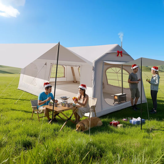 Lilypelle 12 Person Blow Up Camping Inflatable Tent w/ Canopy & Stove Jack & AC Port,18.4′x 9.8′x 6.9′Waterproof Oxford 2 Room Air Tent , Easy Setup Glamping Inflatable House w/ Stove Jack