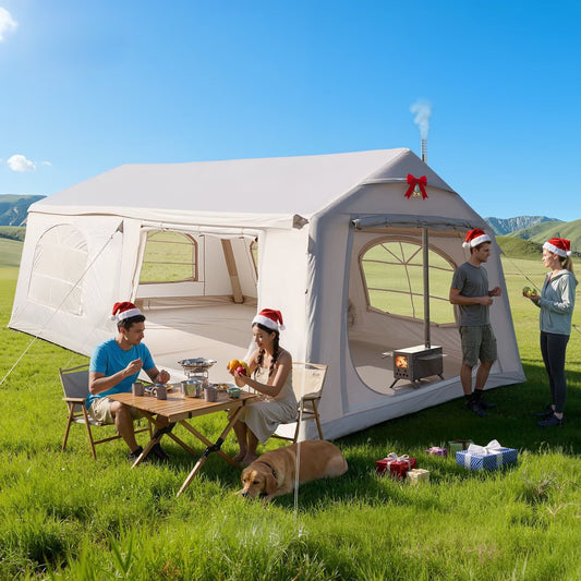 Lilypelle 12 Person Blow Up Camping Inflatable Tent w/ Stove Jack & AC Port, 18.4′x9.8′x6.9′Waterproof Oxford 2 Room Air Tent,Easy Setup Glamping Inflatable House w/ Stove Jack