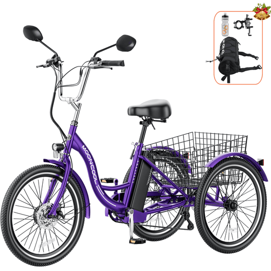 Lilypelle 24" 26" 3 Wheel Electric Tricycle for Adults, 350W 36V 7 Speeds Motorized Electric Trike Three Wheel Electric Bikes Bicycle with Large Basket for Women Men,Purple