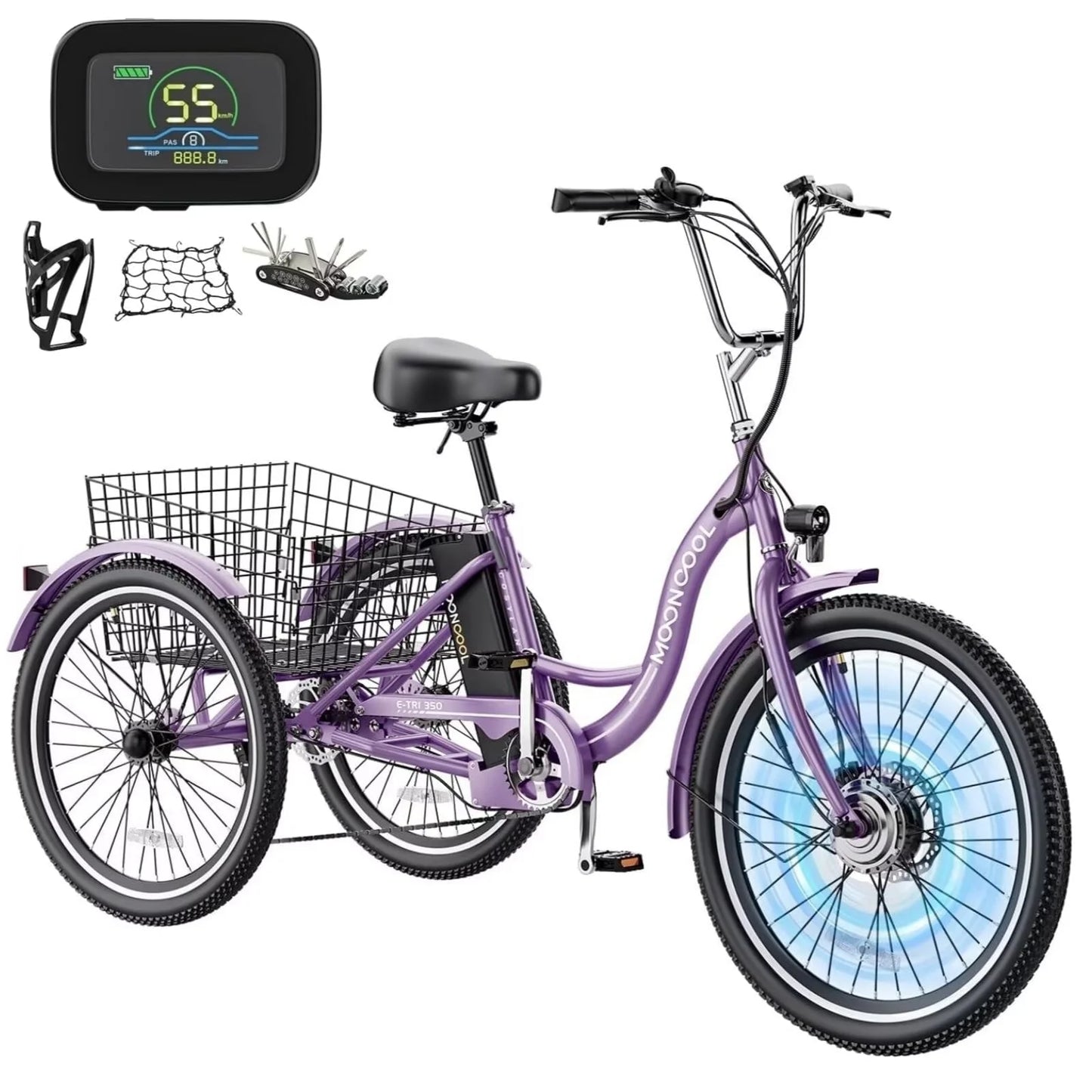 Lilypelle 24" 26" 3 Wheel Electric Tricycle for Adults, 350W 36V 7 Speeds Motorized Electric Trike Three Wheel Electric Bikes Bicycle with Large Basket for Women Men,Purple