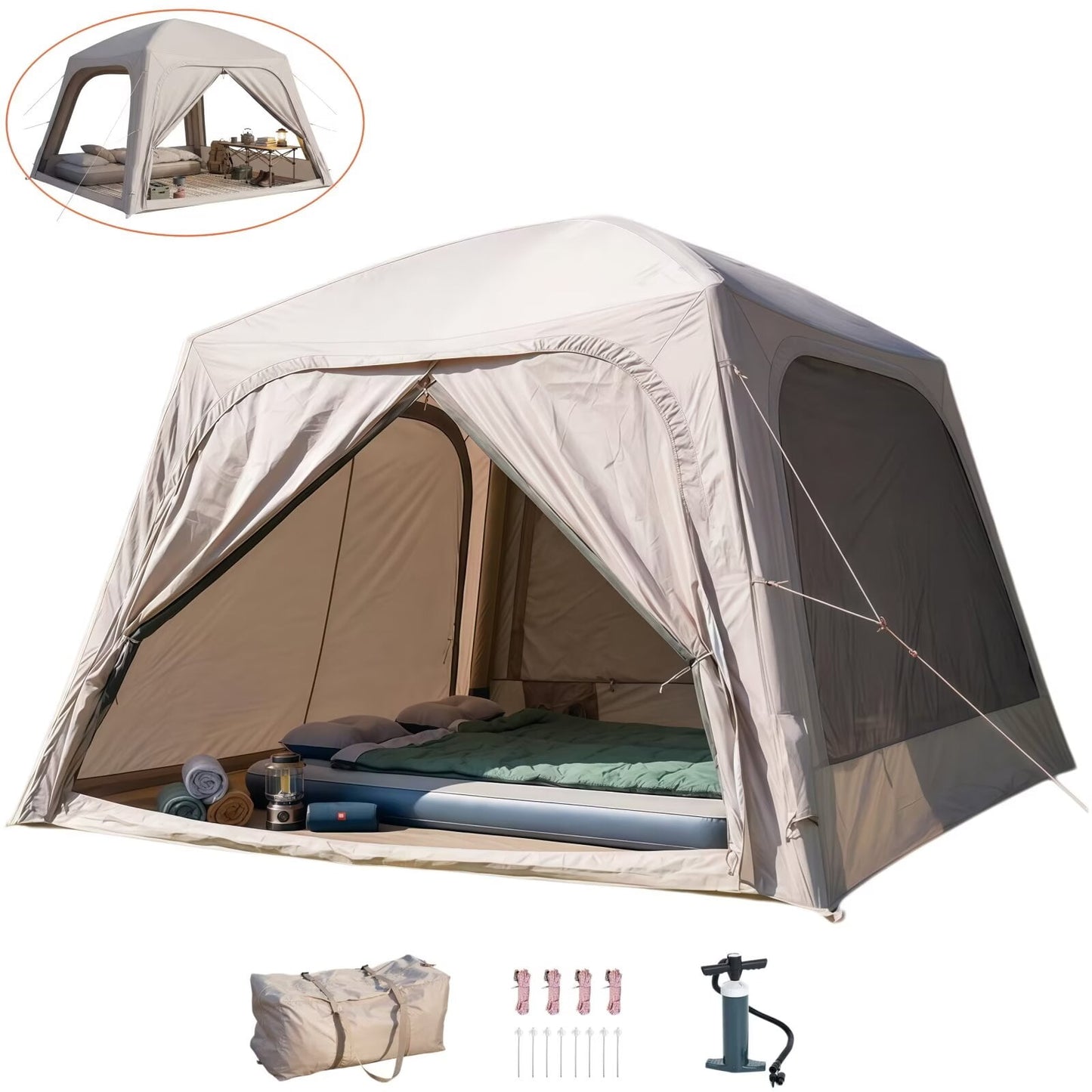 Lilypelle 4-6 Person Inflatable Camping Tent, 9.8ft x 9.8ft x 7.2ft Easy Setup Blow Up Tent with Hand Pump, PU3000mm Waterproof & Breathable 4 Season Glamping Tent for Outdoor Camping