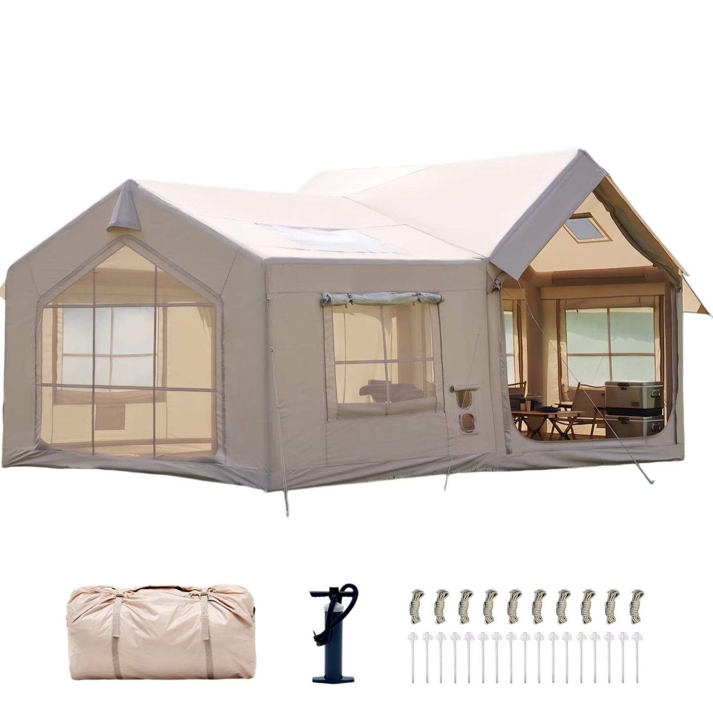 Lilypelle 6-8 Person Blow Up Inflatable Villa Tent, 2 Room Hot Tent with Stove Jack & AC Port, Large Camping Tent with Hand Pump, Waterproof Air House for Family Glamping,13.78x9.84ft