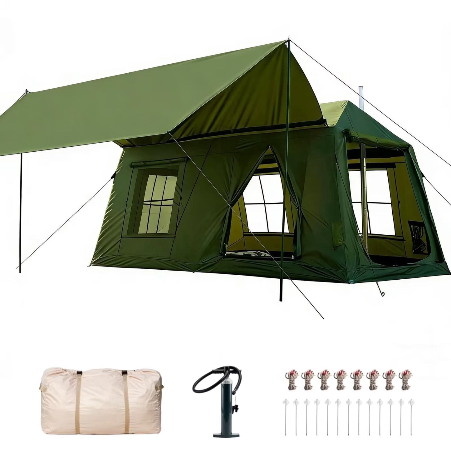 Lilypelle 8-10 Person Blow Up Inflatable Tent, with Removable Canopy and Stove Jack, 2 Room Instant Setup Air Cabin, Waterproof Oxford Hot Camping Tent for Family Glamping