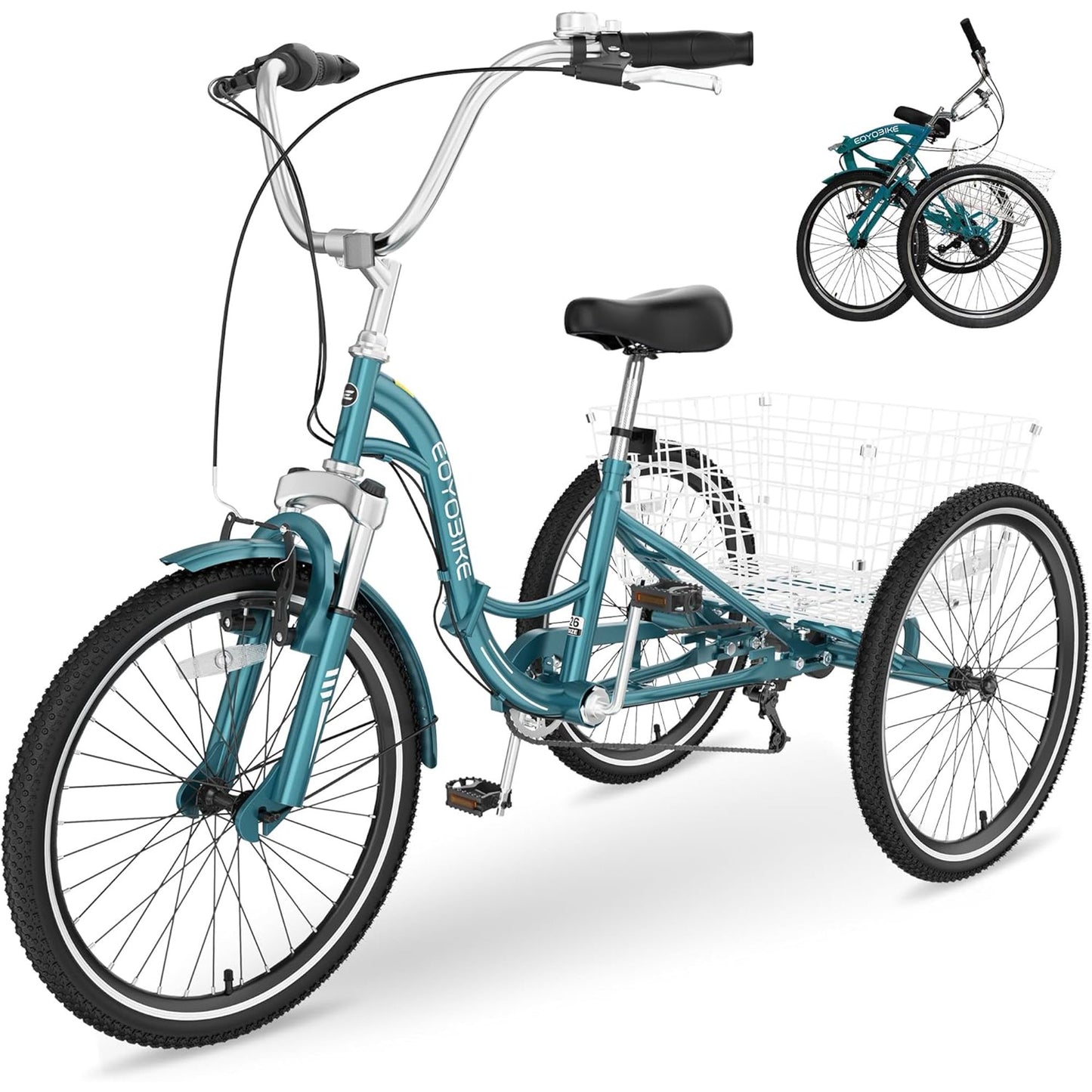 Lilypelle Adult Folding Tricycle with Low Step Through,20/24/26 inch 3 Wheel 7-Speed Foldable Cruiser Bike Trike with Cargo Basket for Women, Men, Seniors