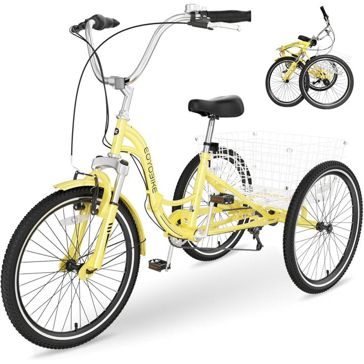 Lilypelle Adult Folding Tricycle with Low Step Through,20/24/26 inch 3 Wheel 7-Speed Foldable Cruiser Bike Trike with Cargo Basket for Women, Men, Seniors