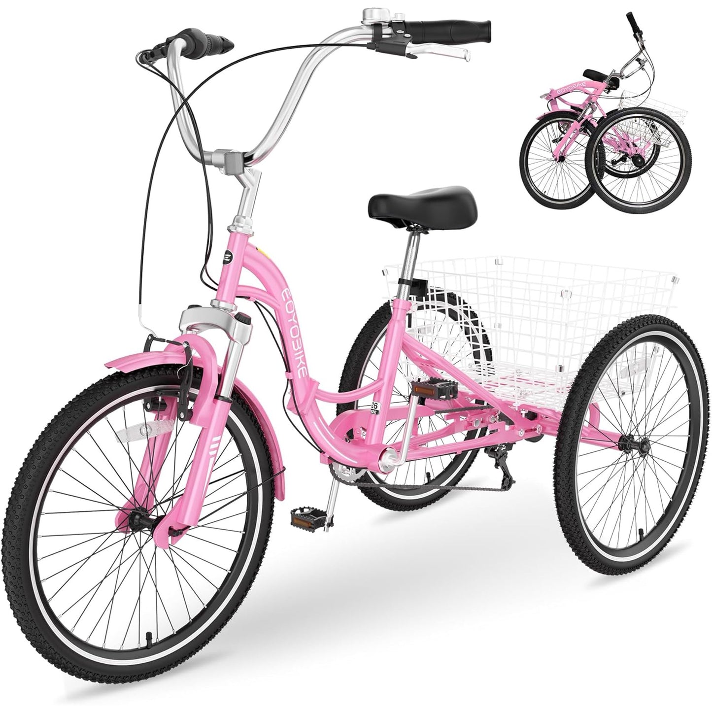Lilypelle Adult Folding Tricycle with Low Step Through,20/24/26 inch 3 Wheel 7-Speed Foldable Cruiser Bike Trike with Cargo Basket for Women, Men, Seniors