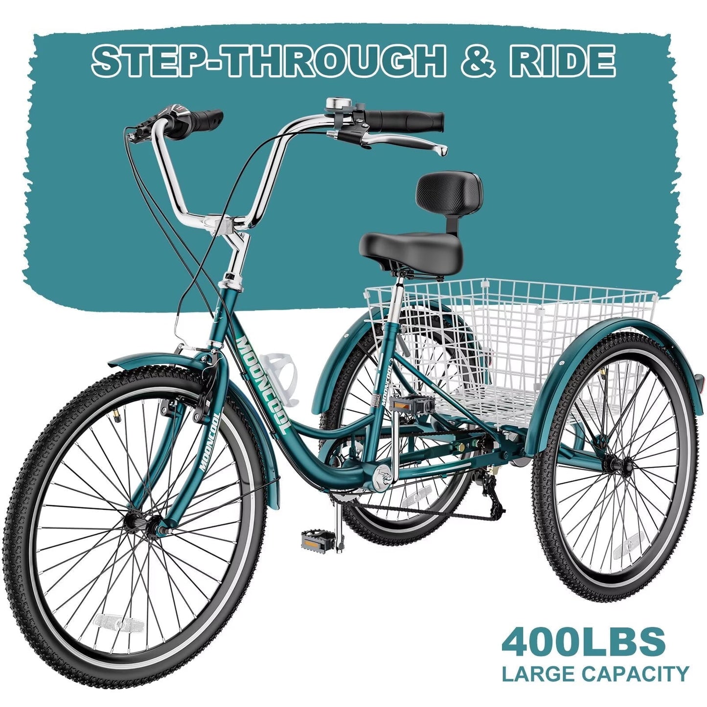 Lilypelle Adult Tricycles 7 Speed 24 inch Three Wheel Bike Cruiser Trike with Low-Step Through Frame/Large Basket for Men, Women, Seniors,Peacock Green