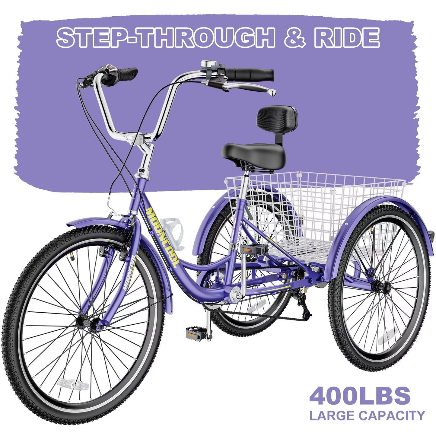 Lilypelle Adult Tricycles 7 Speed 24 inch Three Wheel Bike Cruiser Trike with Low-Step Through Frame/Large Basket for Men, Women, Seniors,Purple