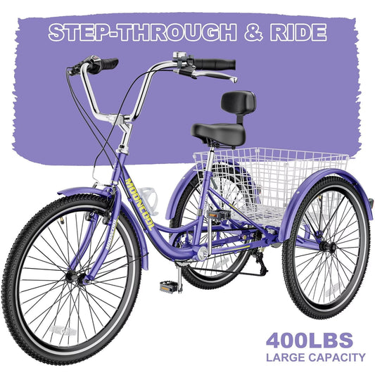 Lilypelle Adult Tricycles 7 Speed 24 inch Three Wheel Bike Cruiser Trike with Low-Step Through Frame/Large Basket for Men, Women, Seniors,Purple