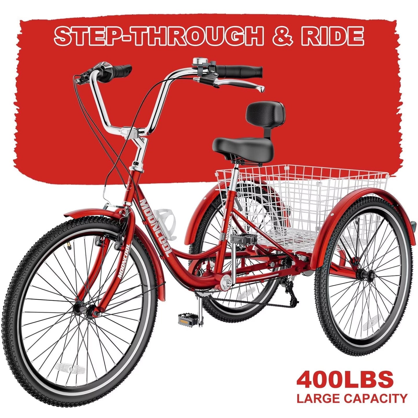 Lilypelle Adult Tricycles 7 Speed 24 inch Three Wheel Bike Cruiser Trike with Low-Step Through Frame/Large Basket for Men, Women, Seniors,Red