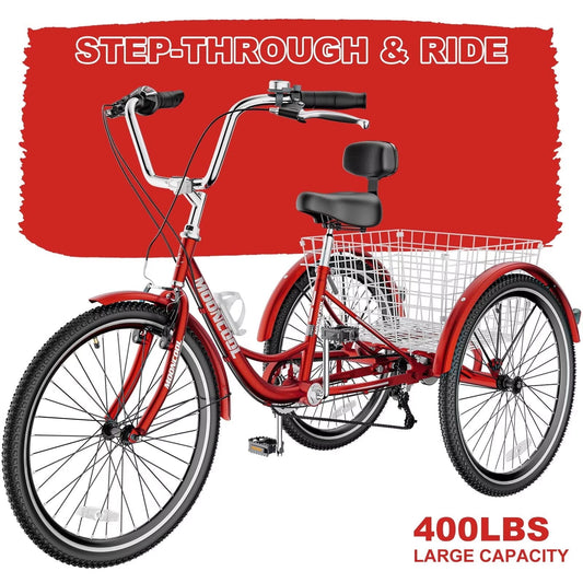 Lilypelle Adult Tricycles 7 Speed 24 inch Three Wheel Bike Cruiser Trike with Low-Step Through Frame/Large Basket for Men, Women, Seniors,Red