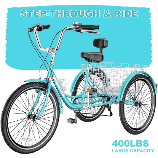 Lilypelle Adult Tricycles 7 Speed 24/26 inch Three Wheel Bike Cruiser Trike with Low-Step Through Frame/Large Basket for Men, Women, Seniors