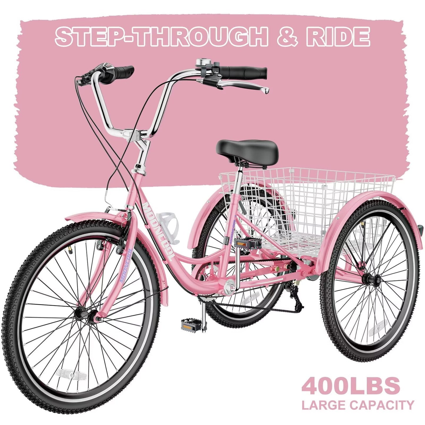 Lilypelle Adult Tricycles 7 Speed 24 inch Three Wheel Bike Cruiser Trike with Low-Step Through Frame/Large Basket for Men, Women, Seniors,Pink