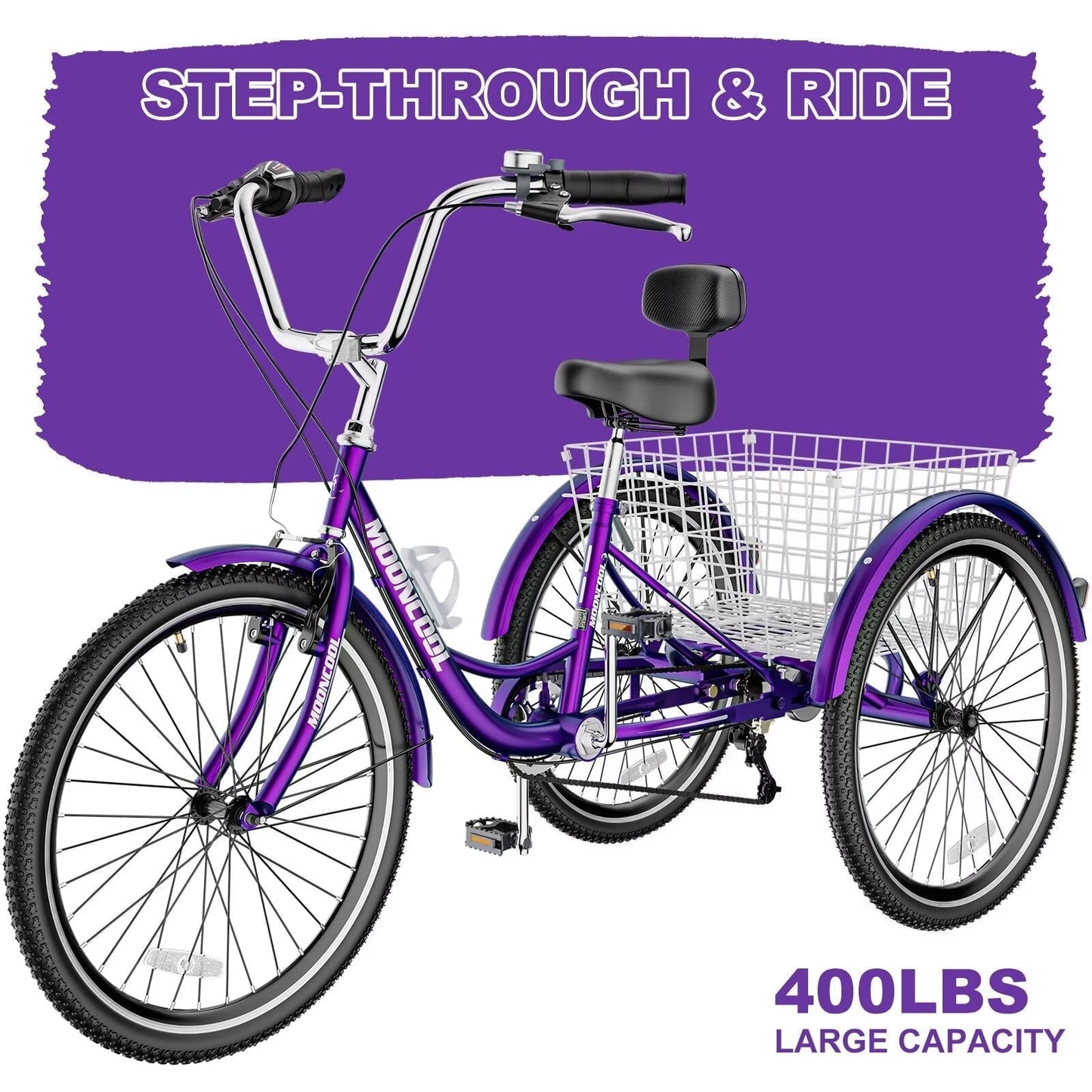 Lilypelle Adult Tricycles 7 Speed 26 inch Three Wheel Bike Cruiser Trike with Low-Step Through Frame/Large Basket for Men, Women, Seniors,Rose purple