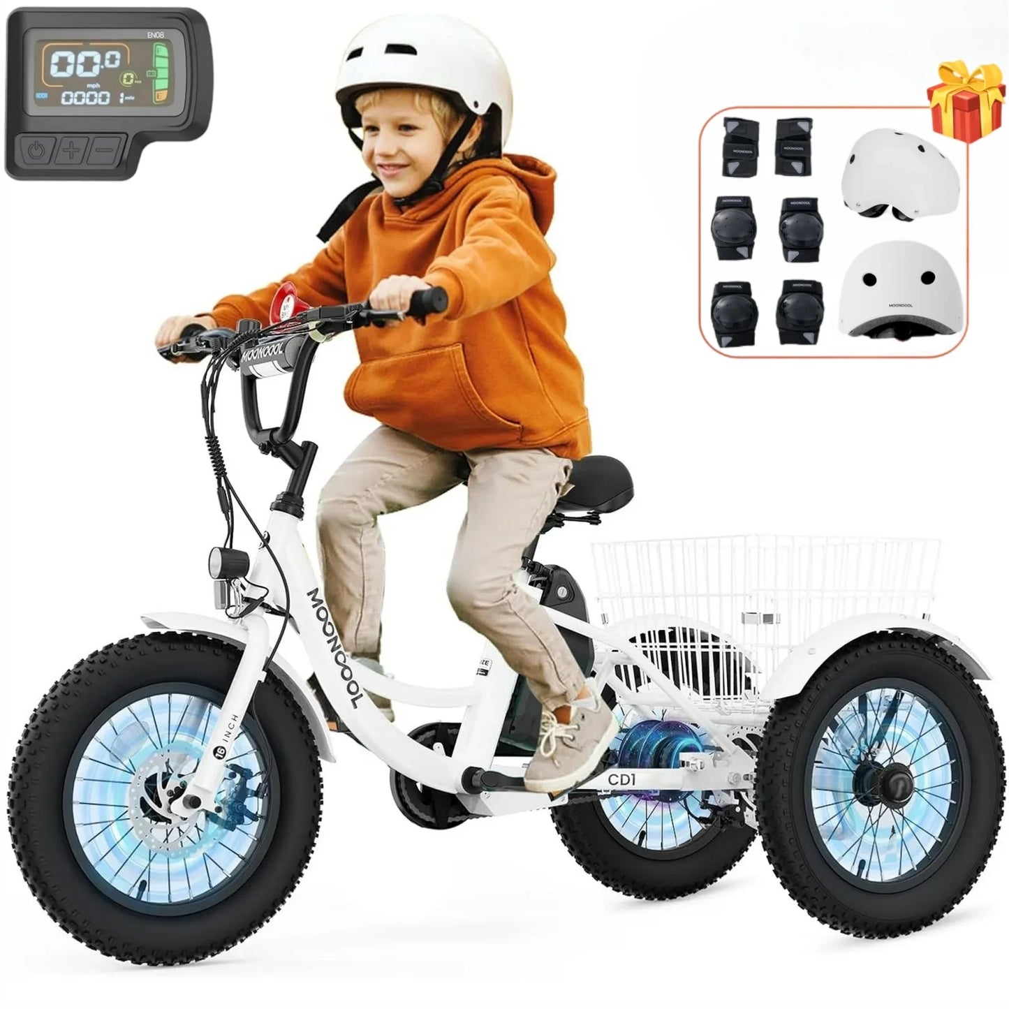 Lilypelle Electric Ride on tricycle for Kids , 6/9/12Mph Three Max Speed 250W Power trike w/ 24V 10.4Ah Battery, Headlights & Horn, Large Rear Basket ,2 sets of DIY stickers,16"x3" Wheel,30Miles