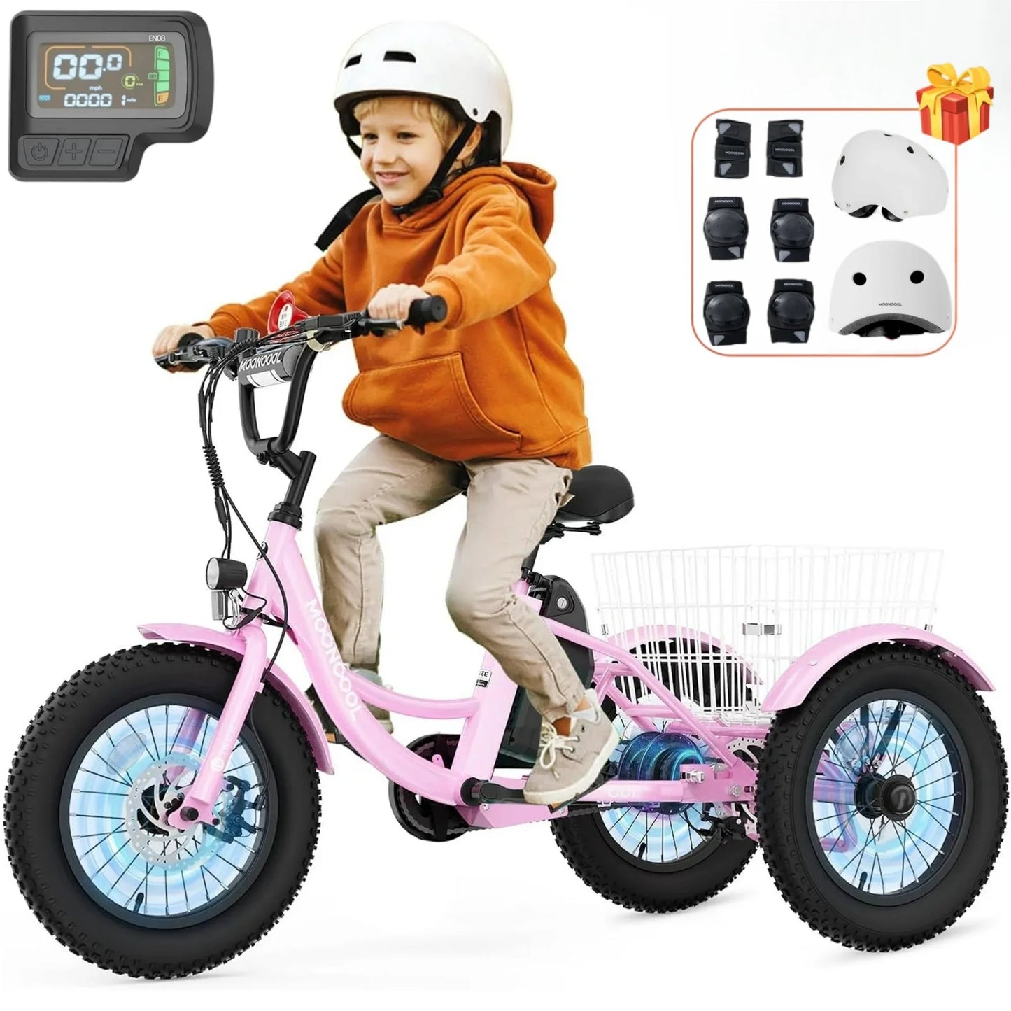 Lilypelle Electric Ride on tricycle for Kids , 6/9/12Mph Three Max Speed 250W Power trike w/ 24V 10.4Ah Battery, Headlights & Horn, Large Rear Basket ,2 sets of DIY stickers,16"x3" Wheel,30Miles