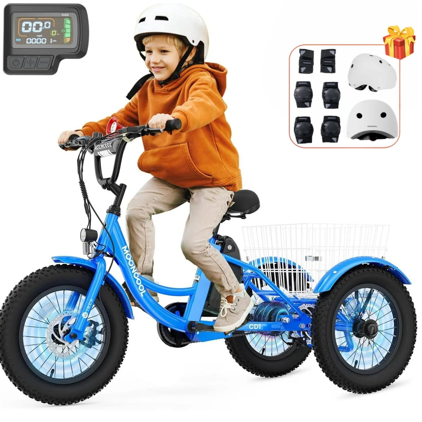Lilypelle Electric Ride on tricycle for Kids , 6/9/12Mph Three Max Speed 250W Power trike w/ 24V 10.4Ah Battery, Headlights & Horn, Large Rear Basket ,2 sets of DIY stickers,16"x3" Wheel,30Miles